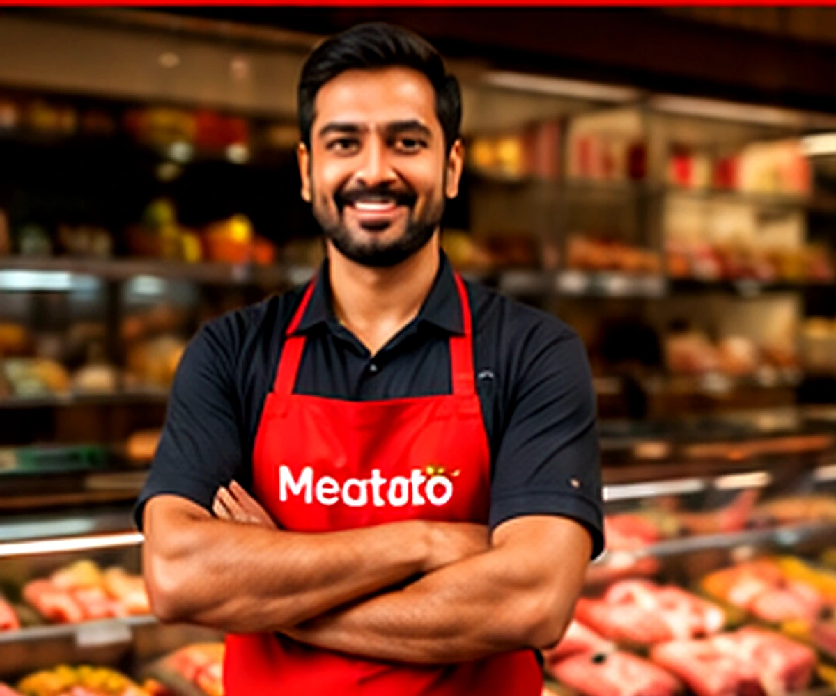Professional Meatato vendor in a hygienic modern meat shop
